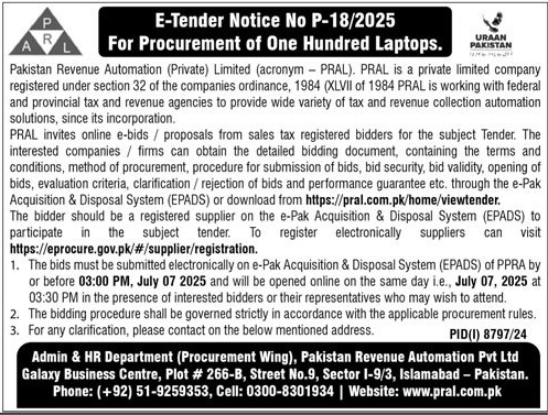 Pakistan Revenue Automation Pvt Ltd Islamabad Tender Notice